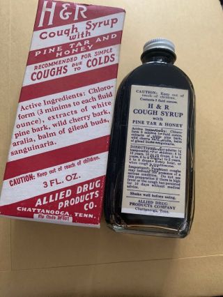 Vintage H & R HONEY PINE TAR COUGH SYRUP BOTTLE - NOS,  Box Chattanooga 2