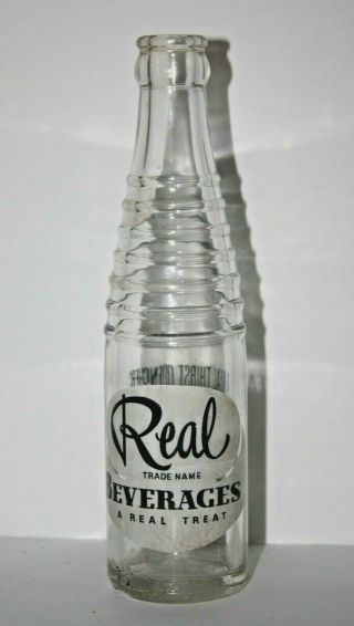 1950 Real Beverages 7 Oz Black & White Acl Art Deco Embossed Rings Soda Bottle