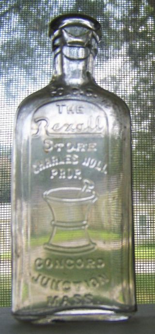 Concord Junction Massachusetts Embossed Noll Rexall Drug Store Bottle W Picture