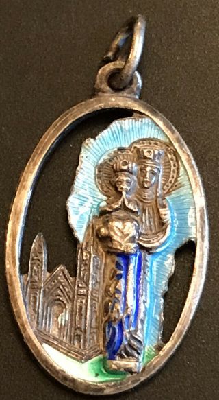 Vintage Catholic St Anne Blue Enamel Cut Away Religious Medal Italy
