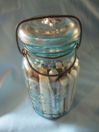 Vintage Wooden Clothes Pins w Round Head Peg in Blue Ball Jar w Glass Lid 3