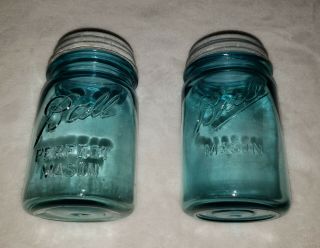 Vintage Ball Perfect Mason Blue Glass Canning Jars W/ Zinc Lids - 4 & 7