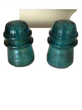 2 Vintage Blue/green Hemingray No 16 Glass Insulators Made In Usa