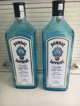 2 Bombay Sapphire Dry Gin 1.  75l Empty Blue Glass Bottles W Caps Crafts Decor