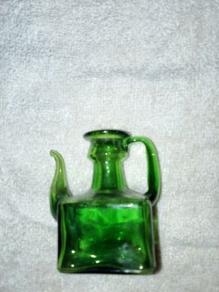 Vintage Mini 4 " Green Glass Square Vase With " B " Emblem And Teeny Pour Spout