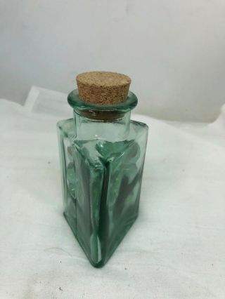 Vintage Triangular Green Glass Bottle With Cork And Marbles