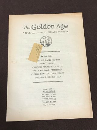 Watchtower - Golden Age Vol Xiv No.  352 March 15,  1933