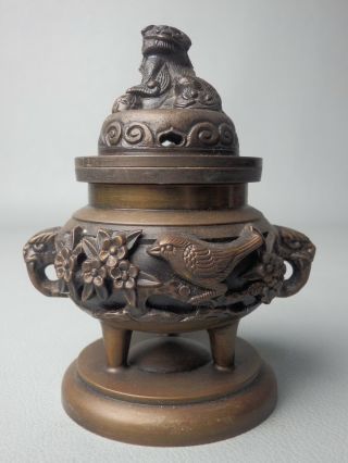 Japanese Vintage Bronze Incense Burner Koro Buddhist Alter Fitting Butsudan Bird