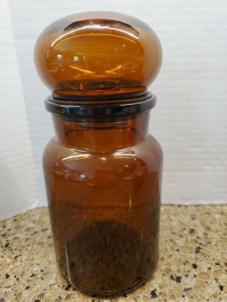 Vintage Amber Brown Glass Apothecary Jar With Round Lid 7 Inches Made In Belgium