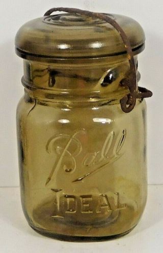 Vintage Amber Pint Fruit Jar - Ball Ideal W/ Glass Lid