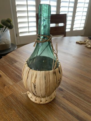 Italian Vintage Demijohn Wrap 11” Green Glass Wine Bottle 1 L