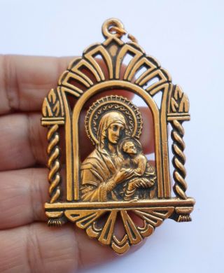 Virgin Mary Jesus Vintage Greek Orthodox Metal Pendant Charm Gold Tone
