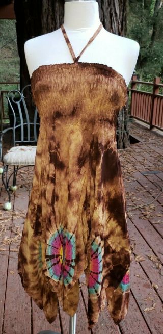 Krisna Bakti: Tie - Dye Halter Dress Skirt Rainbow Boho S/m