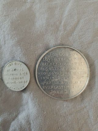 Two Silver Color Coins Bible Scriptures John 3:16 Romans 6:23