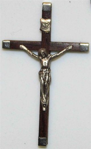 Fine Vintage Pectoral Crucifix Hardwood Inlay Cross Silver Corpus Catholic Jesus