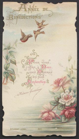 Year Of Bessing Birds Roses Antique French Religious Holy Card Die Cut