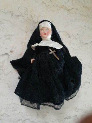 Antique Vintage Nun Doll Crepe Black Habit Hand Painted Face Creepy Old