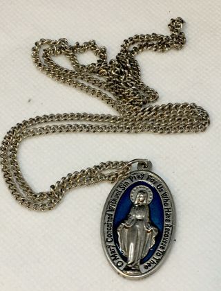 Vtg Blue Enamel Miraculous Medal,  Virgin Mary,  Catholic Saint Charm On 24” Chain