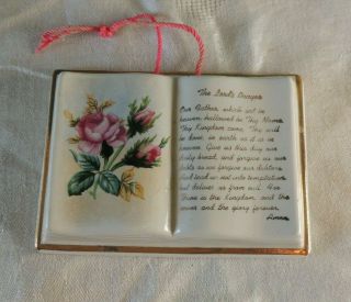 The Lords Prayer Vintage Religious Ceramic Bible Book Pink Roses Wall Hanging