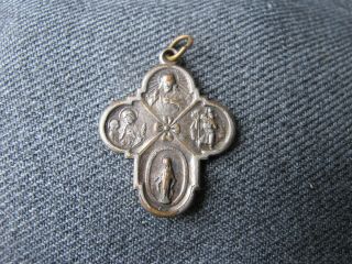 Vintage Our Sacred Heart Jesus,  Our Lady & Saints Silvered Metal Cross Pendant