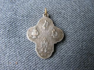 Vintage Our Sacred Heart Jesus,  Our Lady & Saints silvered metal cross pendant 2