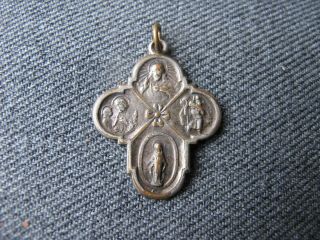 Vintage Our Sacred Heart Jesus,  Our Lady & Saints silvered metal cross pendant 3