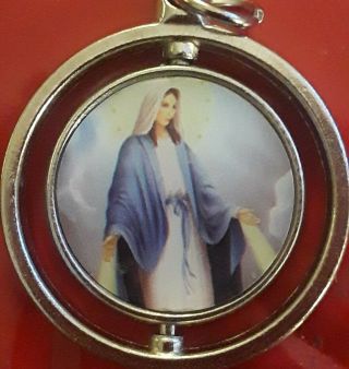 Sterling Silver Plate Enamel Spinner Miraculous Virgin Mary Medal Charm Pendant