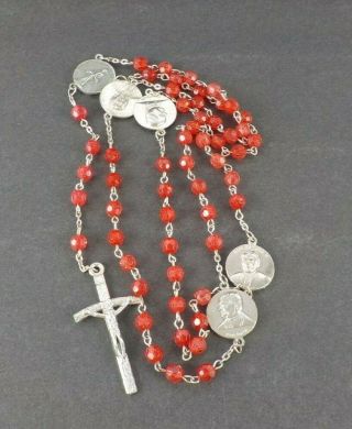 Vintage Rosary Necklace Metal Cross Red Glass Beads Papa John Paul Ii Italy 21 "
