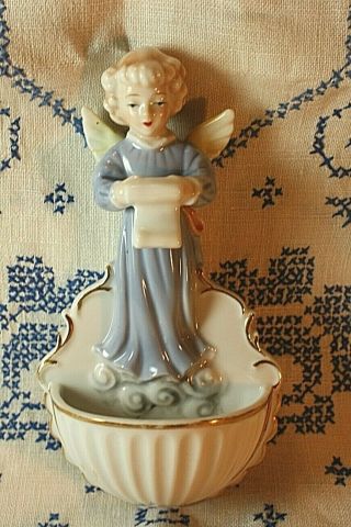 Vintage Porcelain Angel Holy Water Font Wall Plaque 7 " Holding Song Music