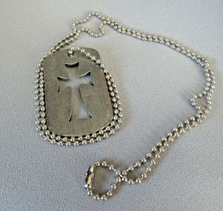 Vintage Military Style Dog Tag Cross Open Pendant And 28 " Chain Necklace