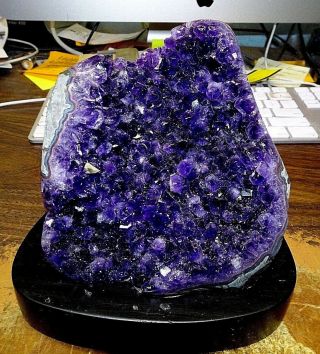 Lg.  Amethyst Crystal Cluster Cathedral Geode Brazil Wood Stand
