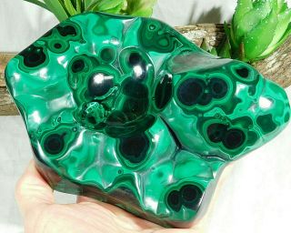 A Big Polished Solid Malachite Stalactite Sphere Stand Key Or Ring Dish 1888gr