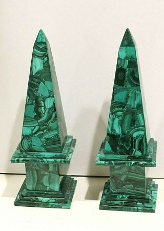 Malachite Faceted Green Pietra Dura Inlay Obelisk Pair 11 " Cones Pillars