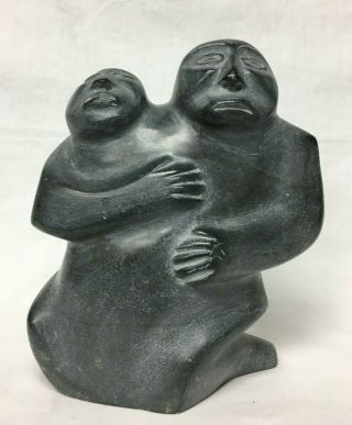 Vtg Canadian Eskimo Art Black Soapstone Carving Mother & Child Signed