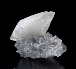 White Calcite Crystal On Blue Fluorite Crystals From La Viesca Mine - Spain