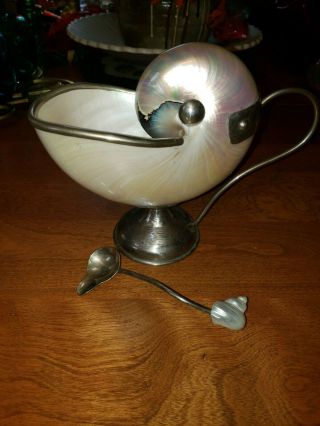 Large Pearlized Nautilus Shell Sauce Boat With Spoon Mounted On Silver