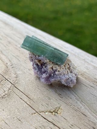 Teal Maine Tourmaline Crystal On Lepidolite