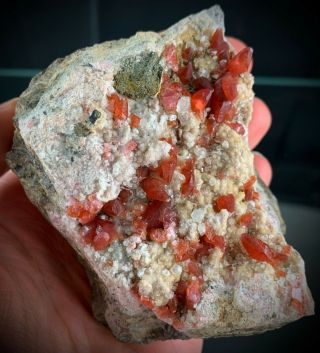 Dogtooth Rhodochrosite on Calcite: Uchucchacua Mine,  Oyon Province,  Lima,  Peru 3