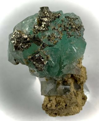 Green Fluorite with Pyrite xls: Huanzala Mine.  Ancash,  Peru 2