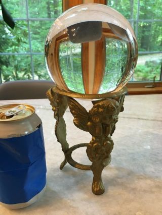 Antique 4.  75 " Crystal Ball On A Gilded,  Ornate,  Victorian,  Angel/cherub Stand