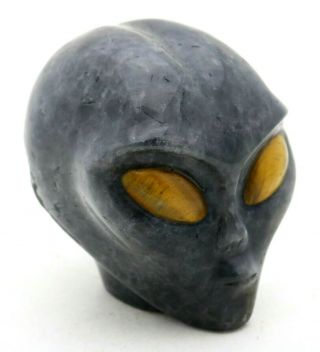Outstanding Quartz Crystal Alien Head Art Sculpture Tiger Eye Eyes Healing Stone