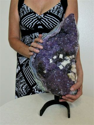 23 Lbs Large Natural Brazilian Amethyst Geode With Cube Calcite And Custom Stand
