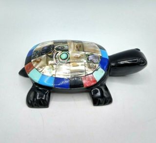 Vtv Hand Carved Black Onyx Turtle Figurine Multi Gemstone Shell Abalone Pearl