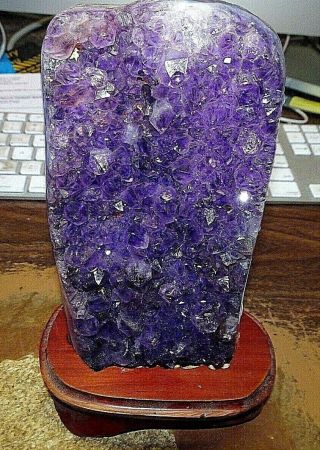 Amethyst Crystal Cluster Cathedral Geode From Brazil W/ Wood Stand