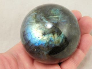 A Bright Blue and Gold Flash on this BIG Labradorite Sphere With Stand 538gr 2