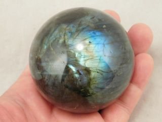 A Bright Blue and Gold Flash on this BIG Labradorite Sphere With Stand 538gr 3