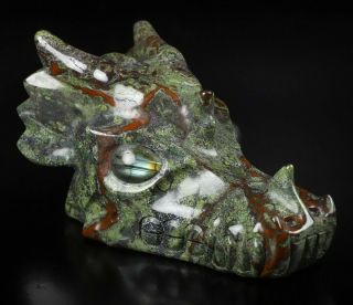 Huge 5.  4 " Dragon Blood Jasper Crystal Dragon Skull,  Labradorite Eyes