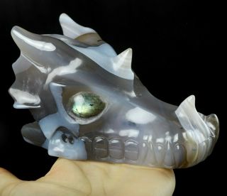 5.  2 " Gray & White Agate Carved Crystal Dragon Skull,  Crystal Healing
