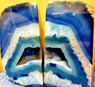 Agate Geode Blue Bookends - X - Large - 10 Lbs - Exc Color Blend - Large Druzy Centers