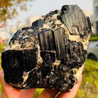 850g Natural Black Tourmaline Quartz Crystal Cluster Mineral Specimen Fcc692